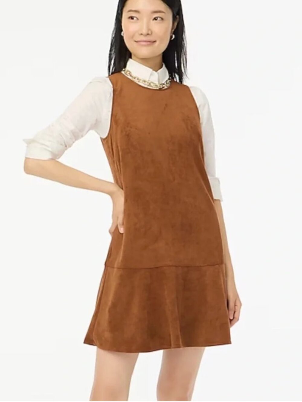 J. Crew Faux Suede Drop Waist Ruffle Mini Dress Sleeveless Tank Brown